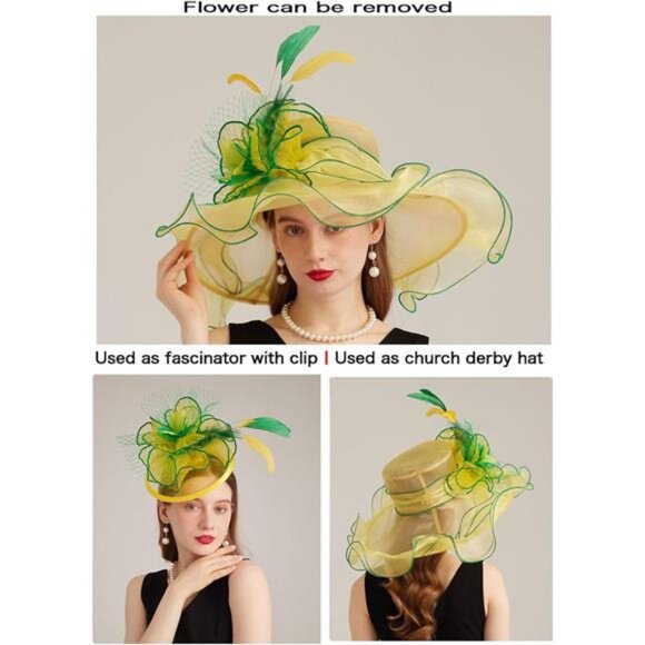 Women's Kentucky Derby Church Dress Hat 10-yellow,green - Picture 3 of 7